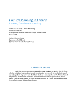Cultural Planning in Canada Patterns, Theories & Authenticity