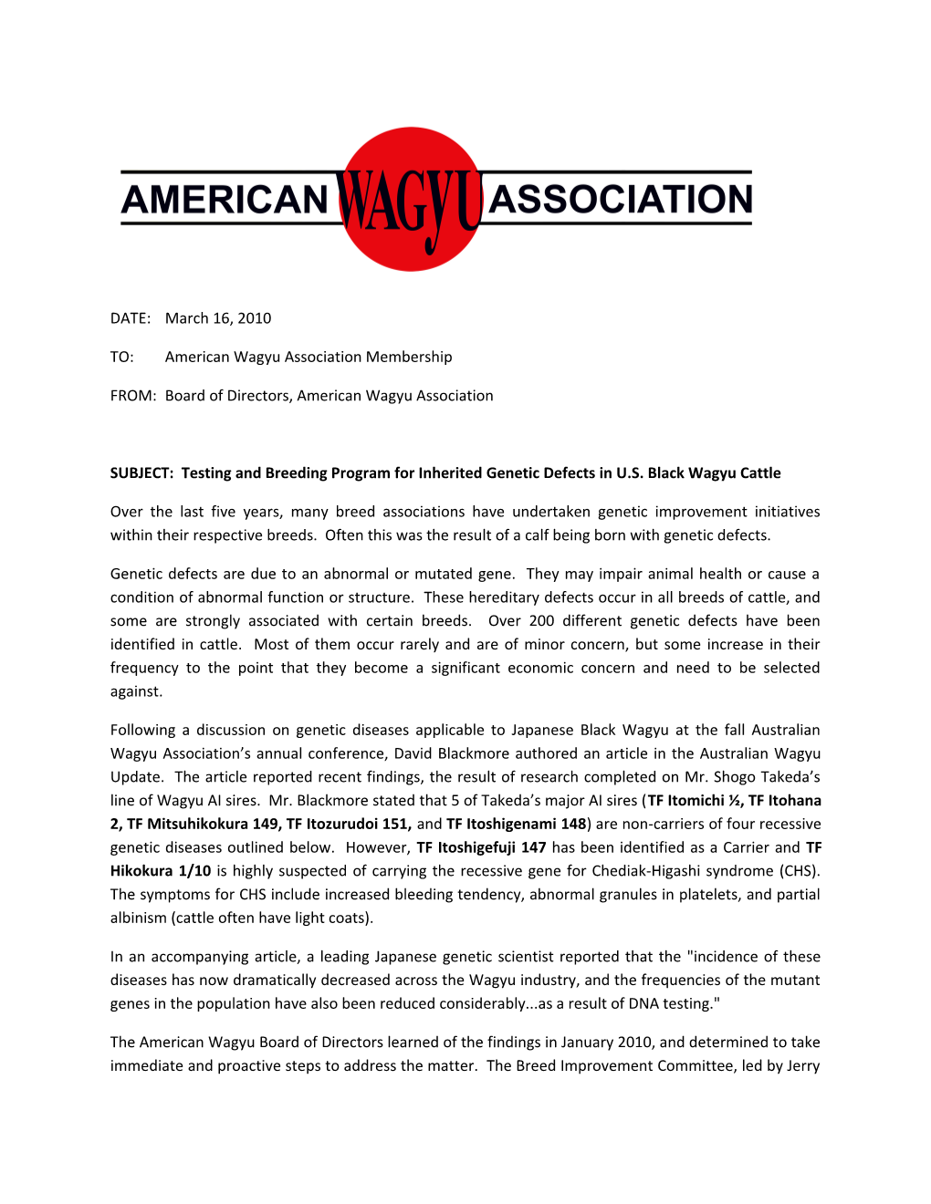 TO: American Wagyu Association Membership