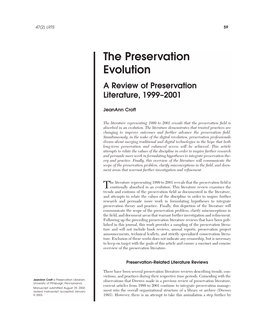 The Preservation Evolution a Review of Preservation Literature, 1999–2001
