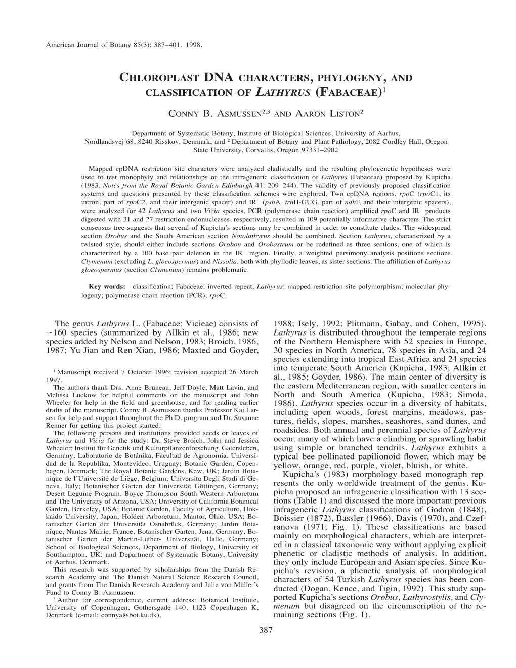 Chloroplast Dna Characters, Phylogeny, and Classification of Lathyrus (Fabaceae)1