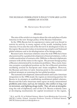 Abstract the Aim of the Article Is to Inquire About the Role and Place of Latin America in the New Foreign Policy of the Russian Federation