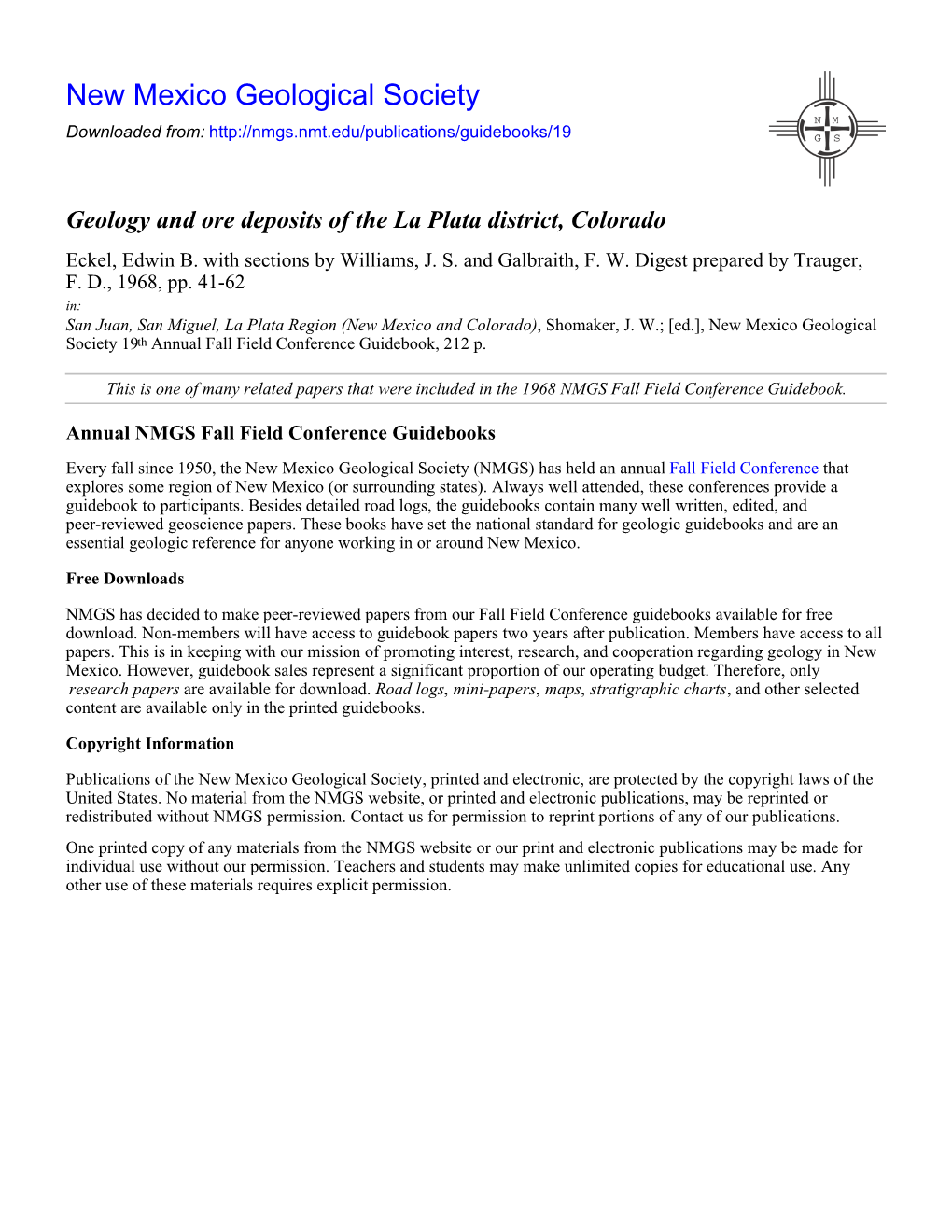 Geology and Ore Deposits of the La Plata District, Colorado Eckel, Edwin B