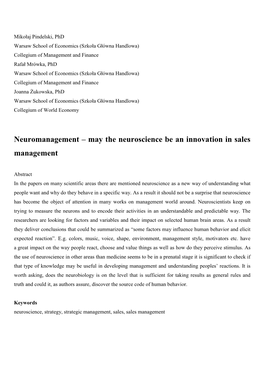 May the Neuroscience Be an Innovation in Sales Management