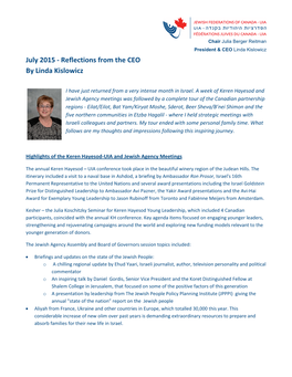 July 2015 - Reflections from the CEO by Linda Kislowicz