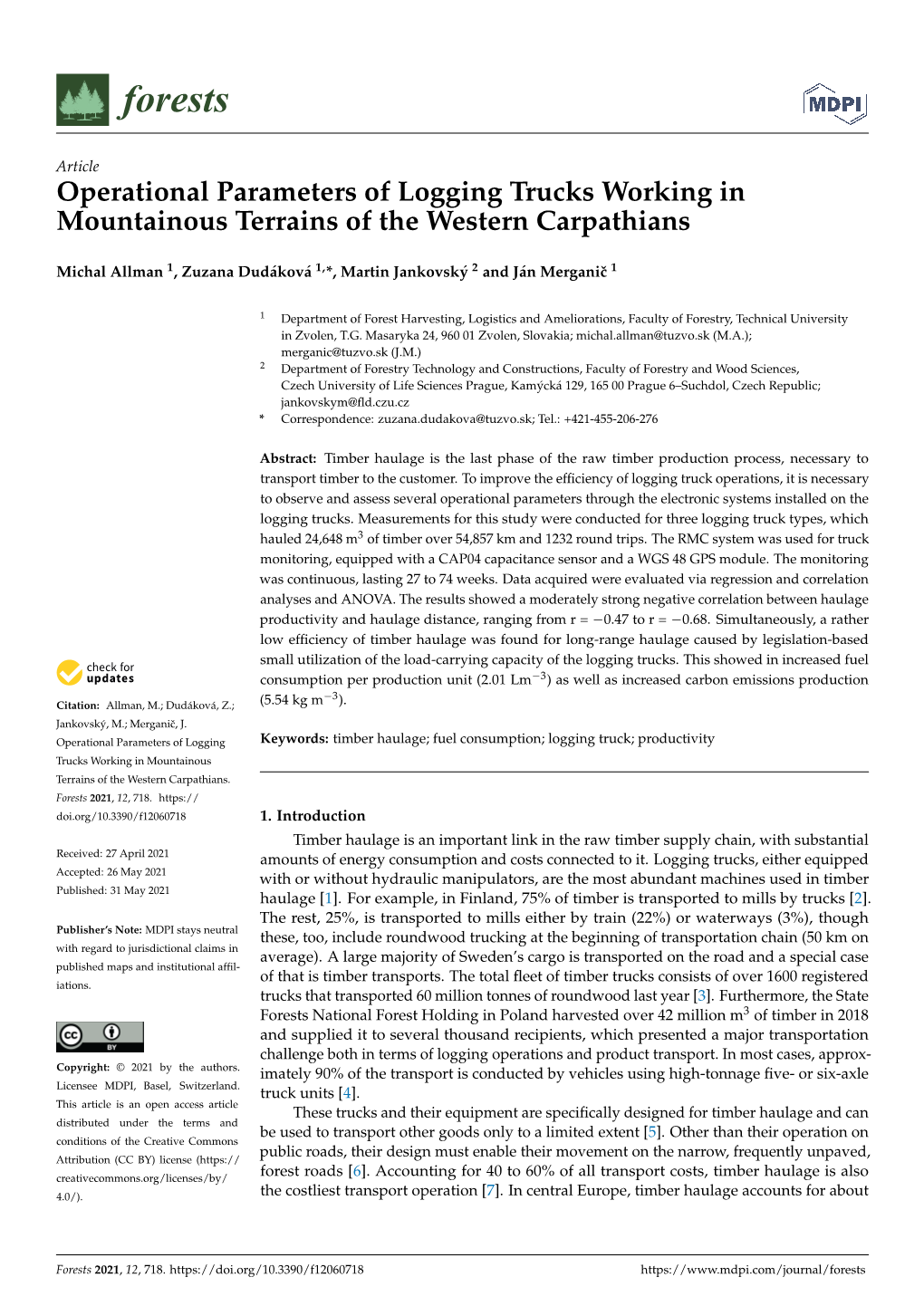 Operational Parameters of Logging Trucks Working in Mountainous Terrains of the Western Carpathians