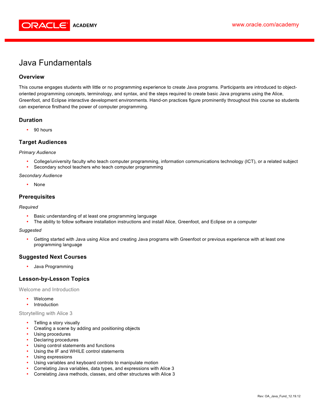 Course Description Java Fundamentals V5