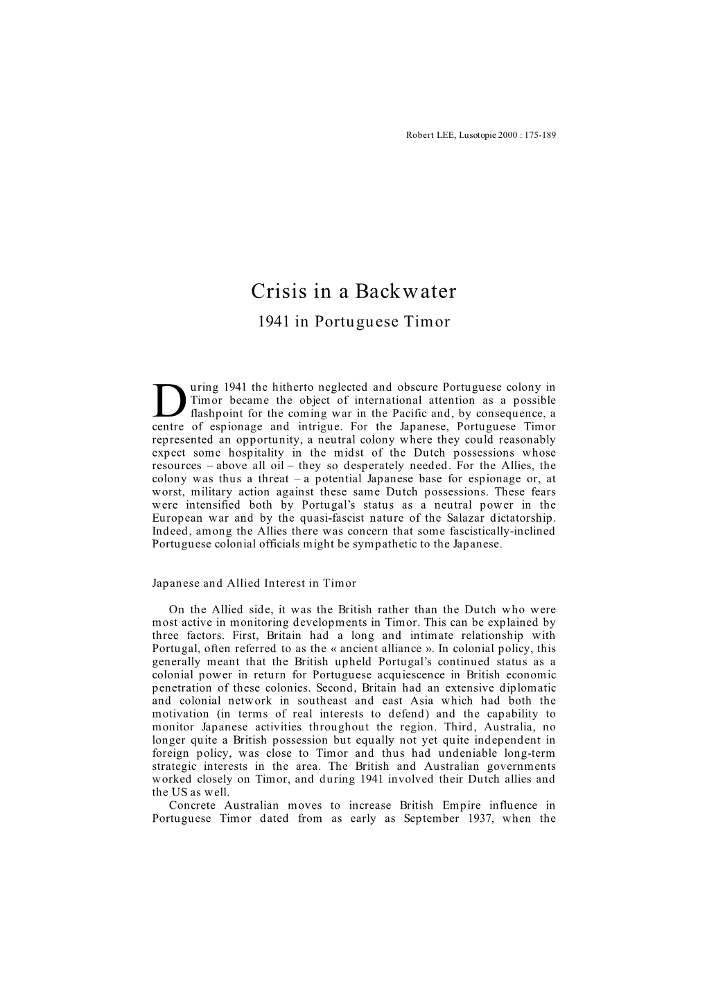 Crisis in a Backwater 1941 in Portuguese Timor
