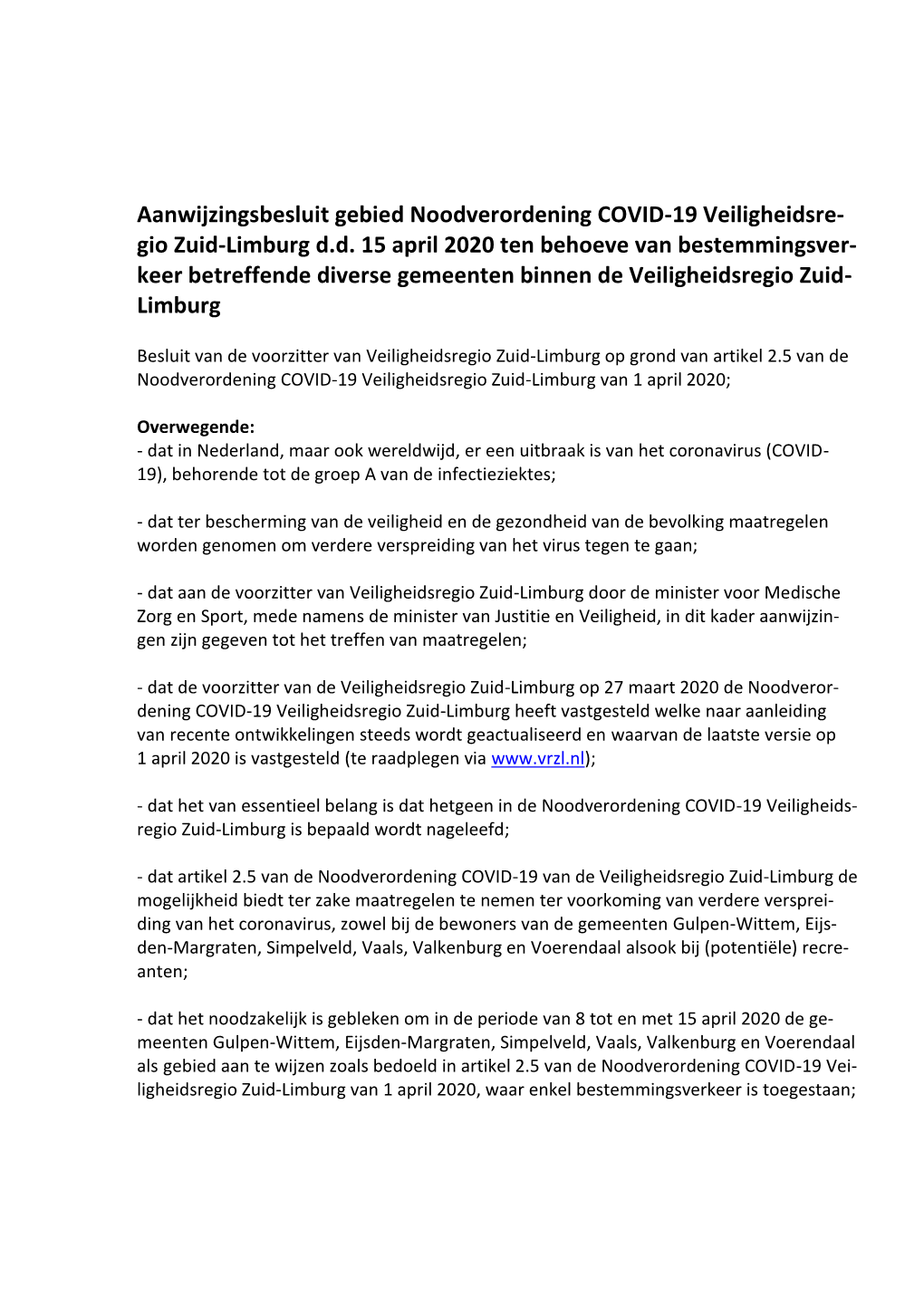 Aanwijzingsbesluit Gebied Noodverordening COVID 15 April
