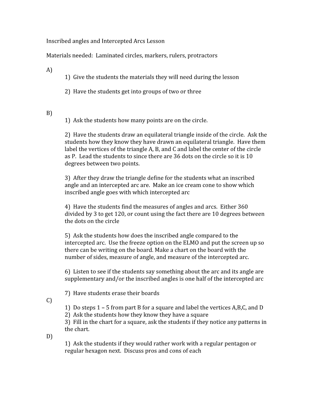 Inscribed Angles and Intercepted Arcs Lesson