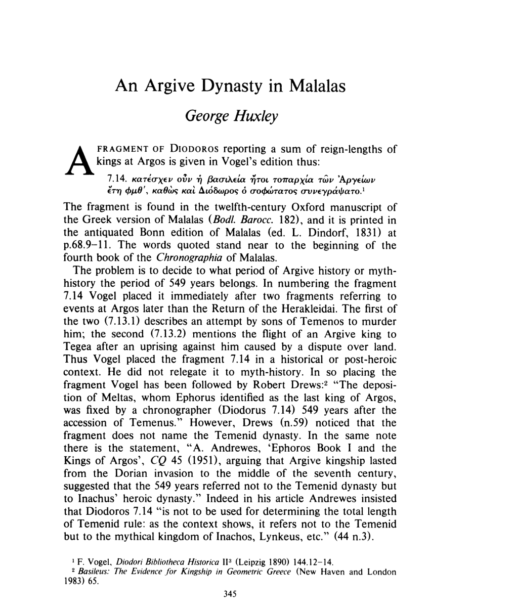 An Argive Dynasty in Malalas , Greek, Roman and Byzantine Studies, 24:4 (1983:Winter) P.345