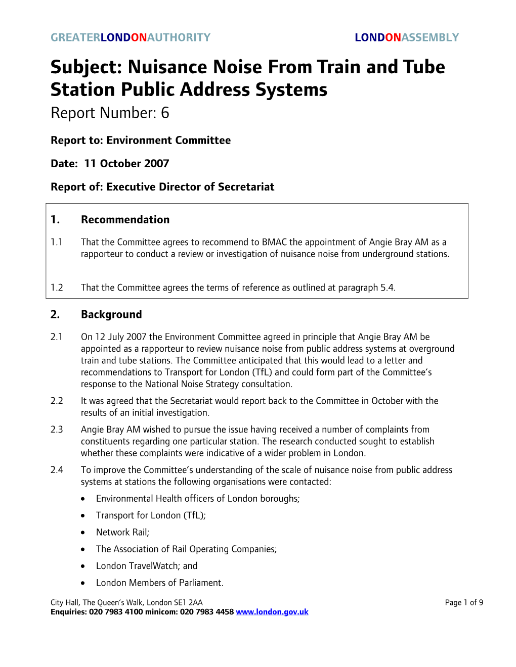 Nuisance Noise from Train and Tube Station Public Address Systems Report Number: 6