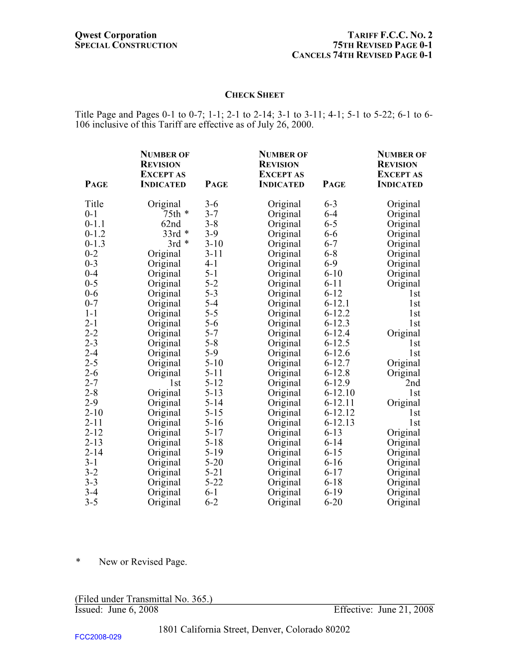 Qwest Corporation TARIFF FCC NO. 2 Title Page and Pages 0-1 To