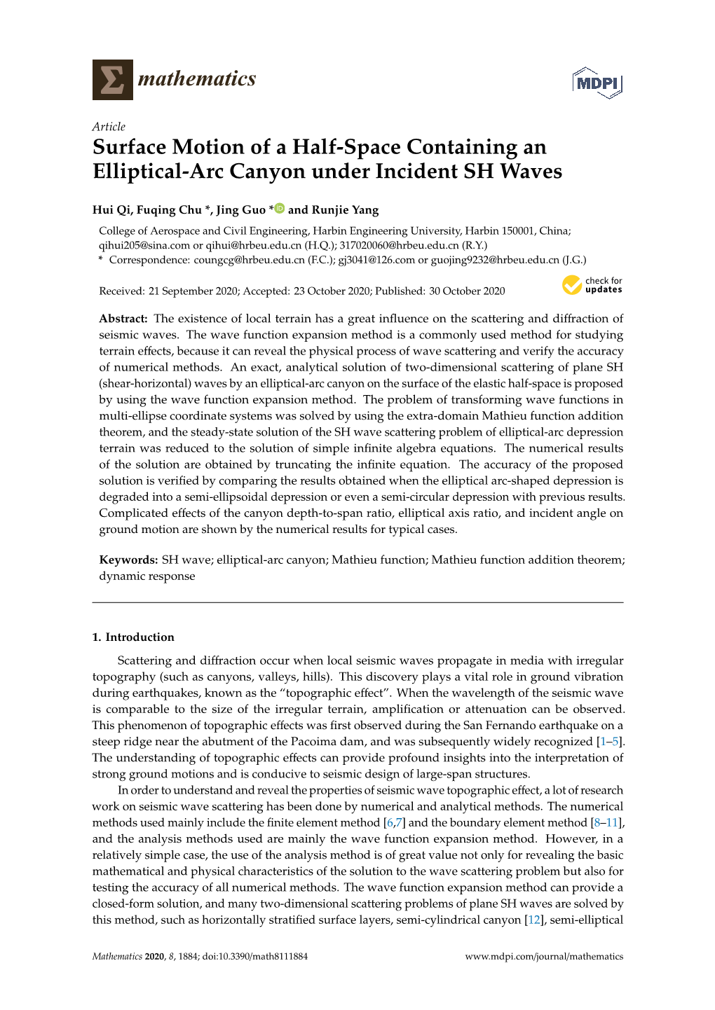 Surface Motion of a Half-Space Containing an Elliptical-Arc Canyon Under Incident SH Waves