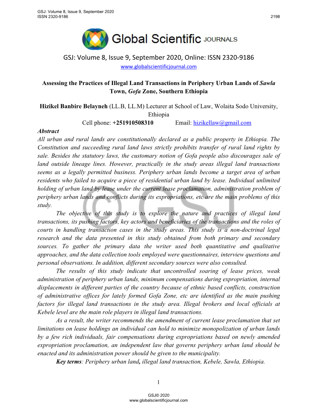 GSJ: Volume 8, Issue 9, September 2020, Online: ISSN 2320-9186