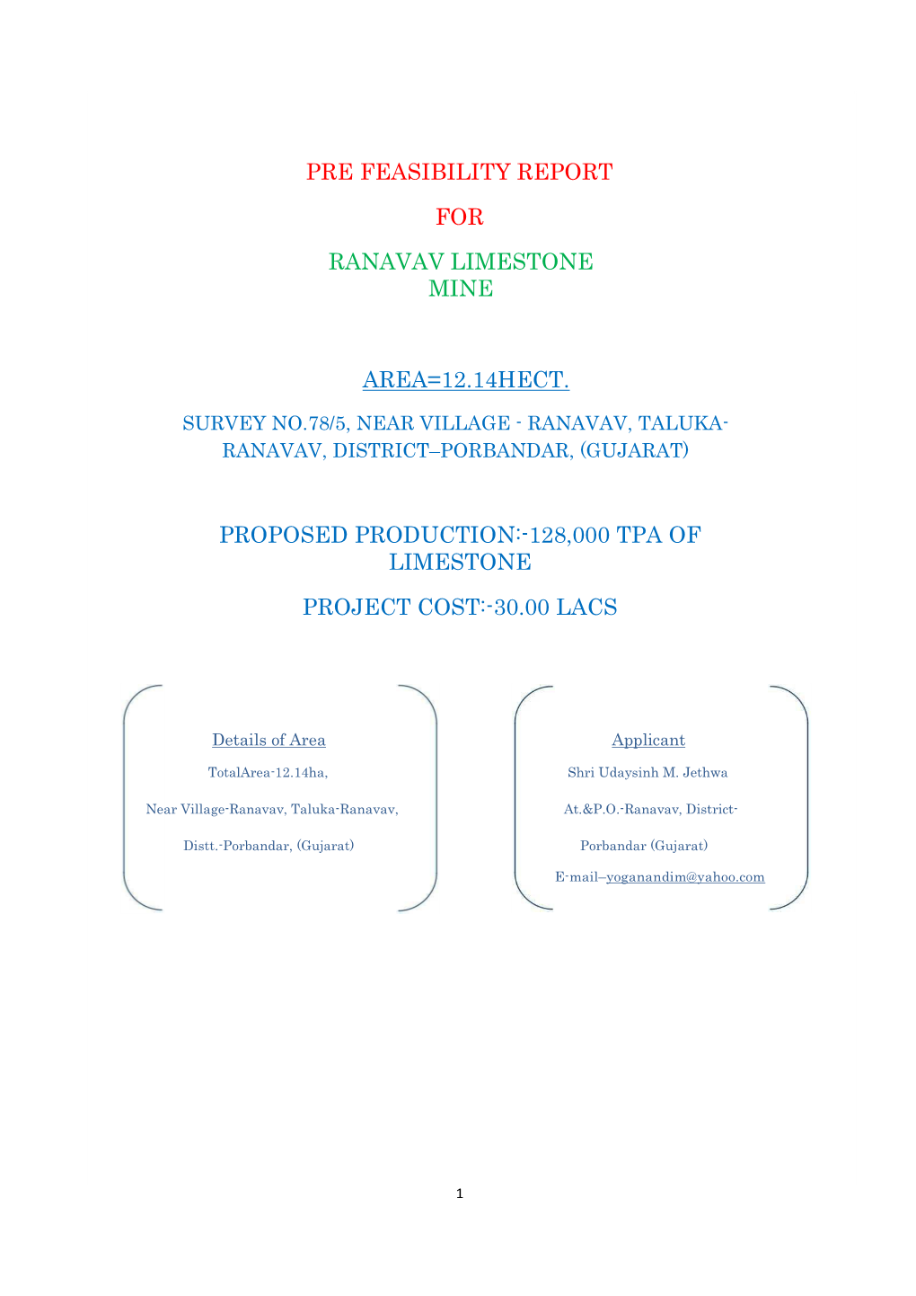 Pre Feasibility Report for Ranavav Limestone Mine