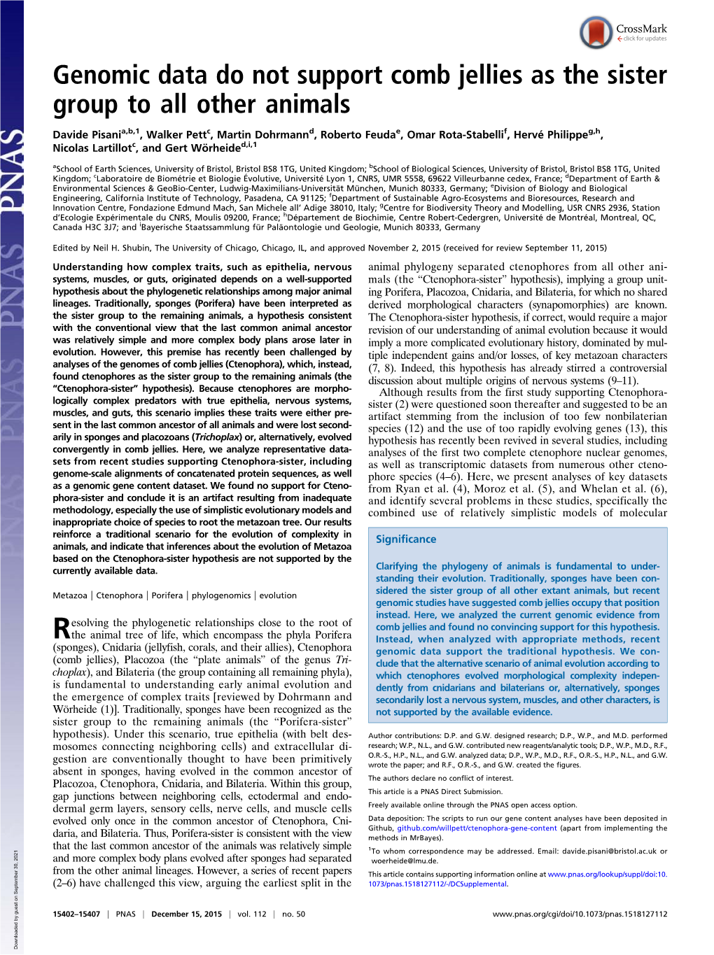 Genomic Data Do Not Support Comb Jellies As the Sister Group to All Other Animals