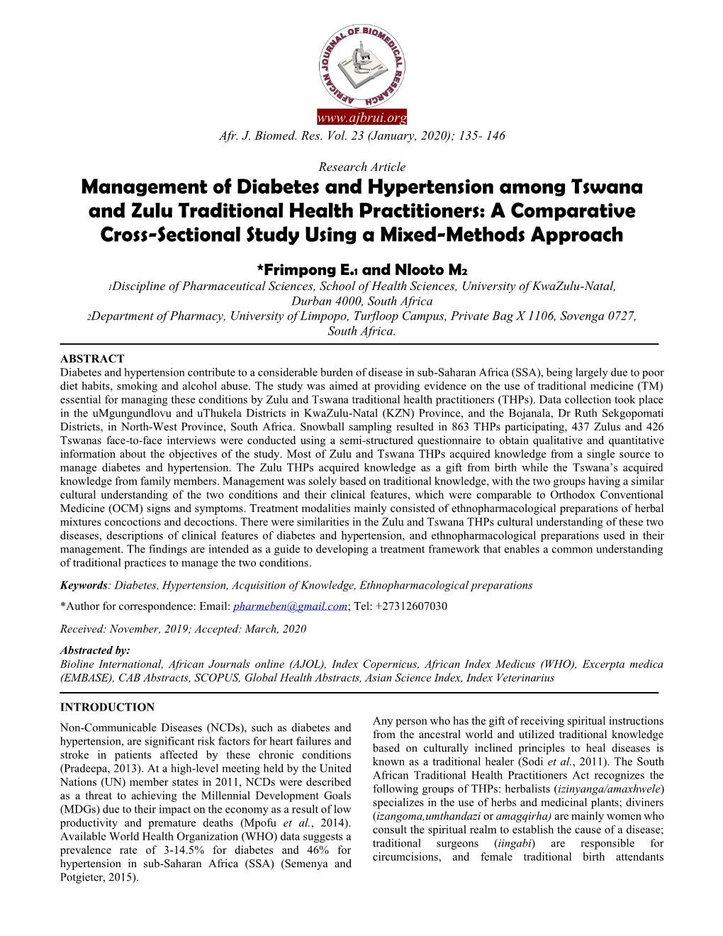 Management of Diabetes and Hypertension Among Tswana and Zulu Traditional Health Practitioners: a Comparative Cross-Sectional Study Using a Mixed-Methods Approach