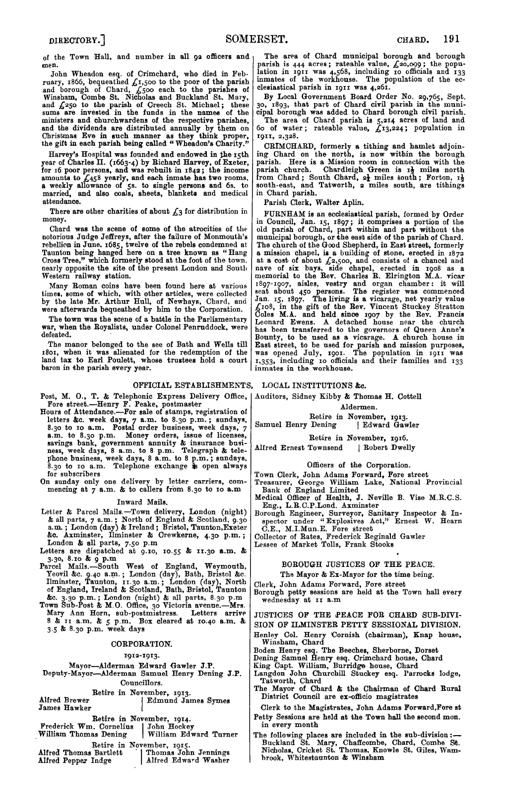 SOMERSET. CH.ARD, 191 of the Town Hall, and Number in All 92 Officers and the Are:'A of Chard Municipal Borough and Borough Men