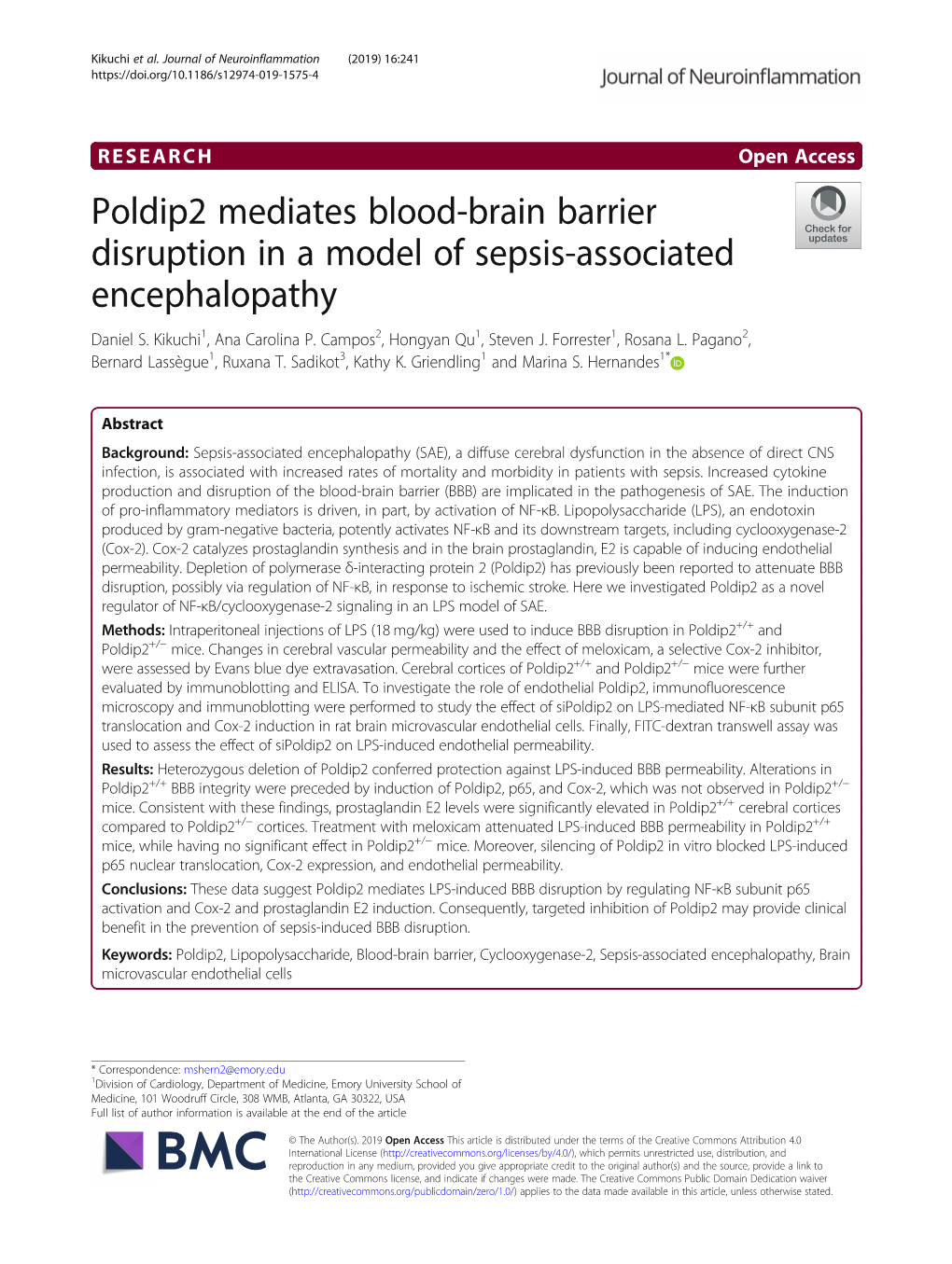 Poldip2 Mediates Blood-Brain Barrier Disruption in a Model of Sepsis-Associated Encephalopathy Daniel S