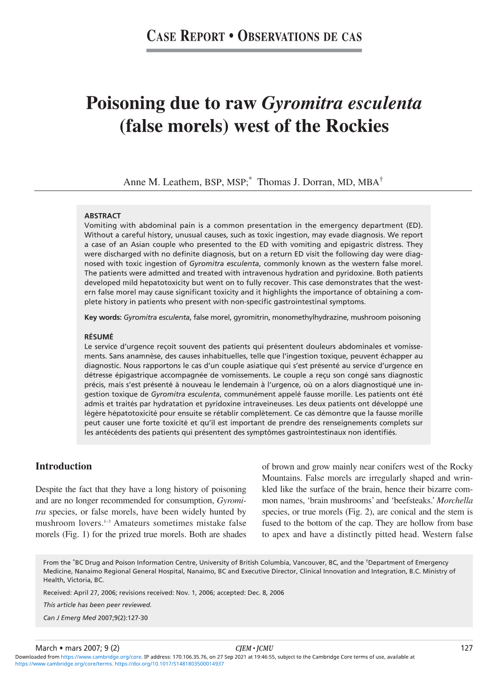 Poisoning Due to Raw Gyromitra Esculenta (False Morels) West of the Rockies