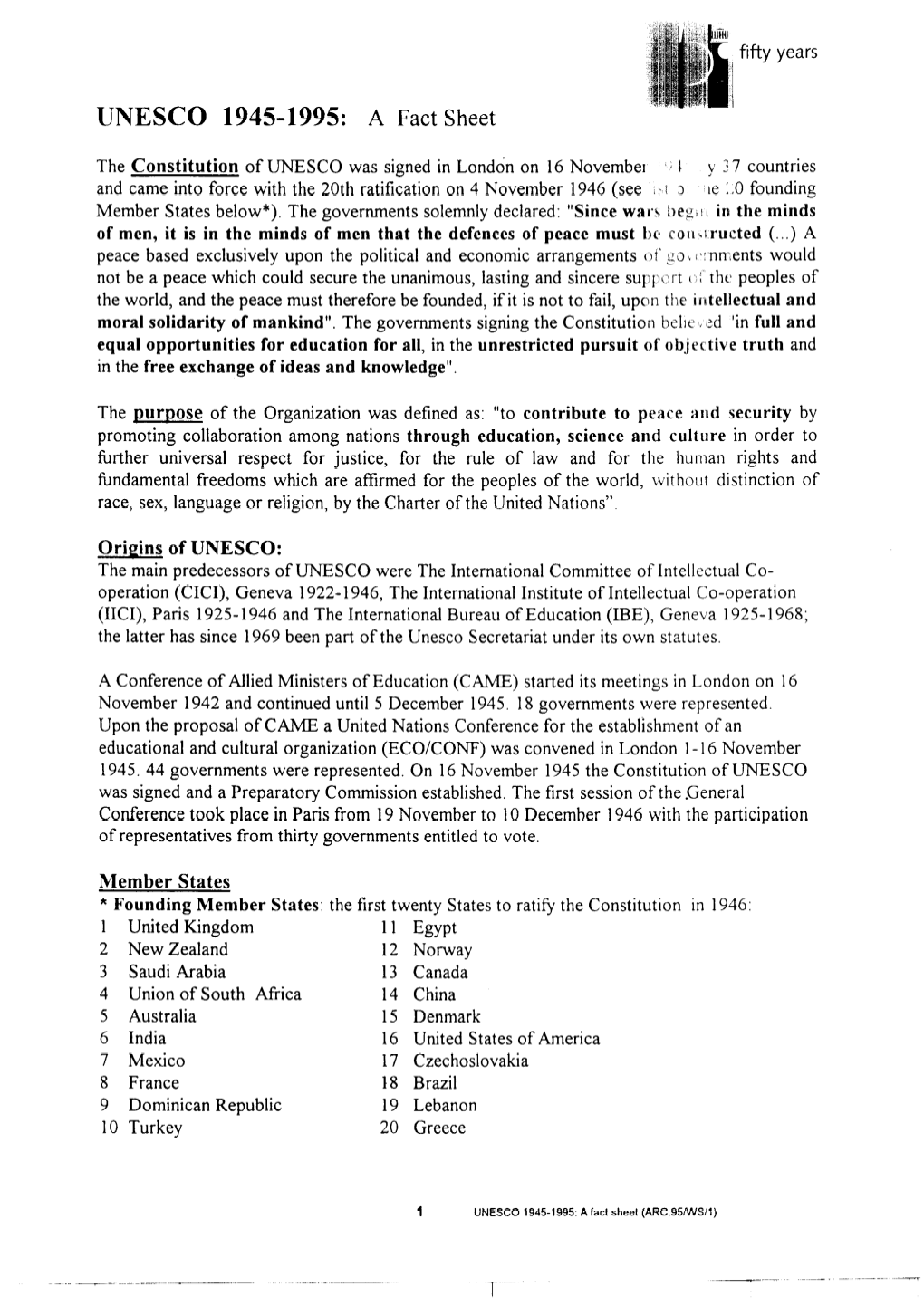 UNESCO, 1945-1995: a Fact Sheet; 1995