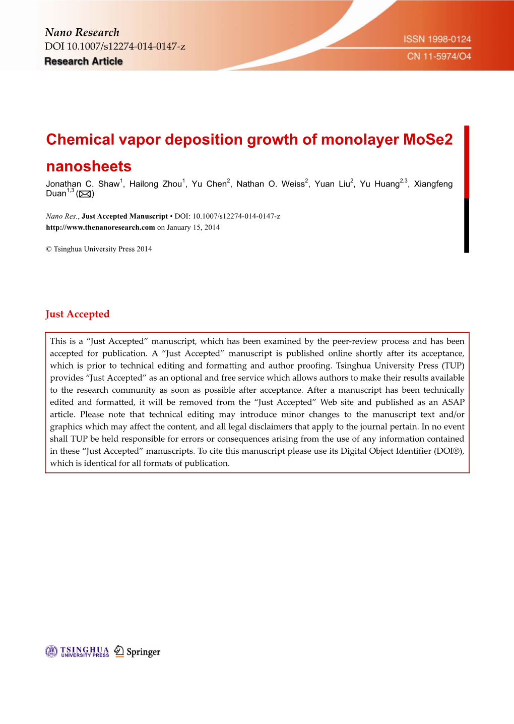 Chemical Vapor Deposition Growth of Monolayer Mose2 Nanosheets Jonathan C