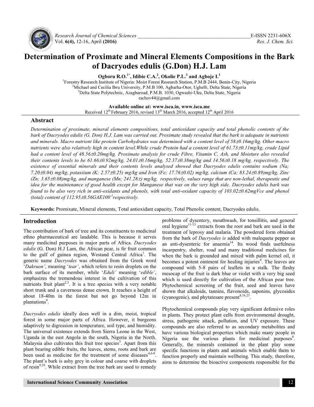 Determination of Proximate and Mineral Elements Compositions in the Bark of Dacryodes Edulis (G.Don) H.J