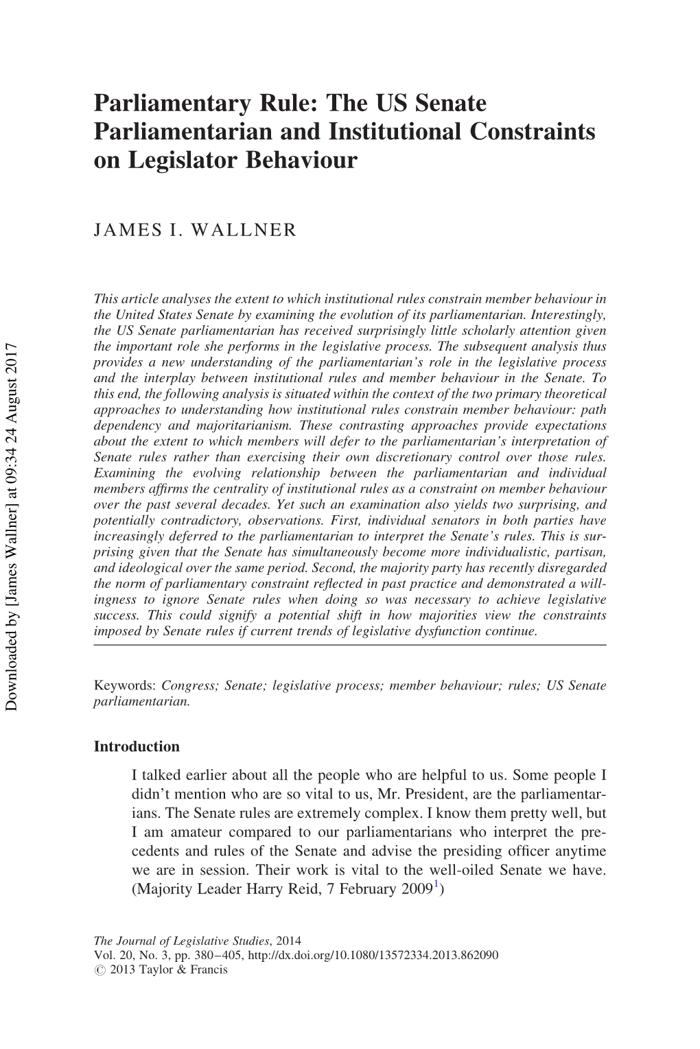 Parliamentary Rule: the US Senate Parliamentarian and Institutional Constraints on Legislator Behaviour