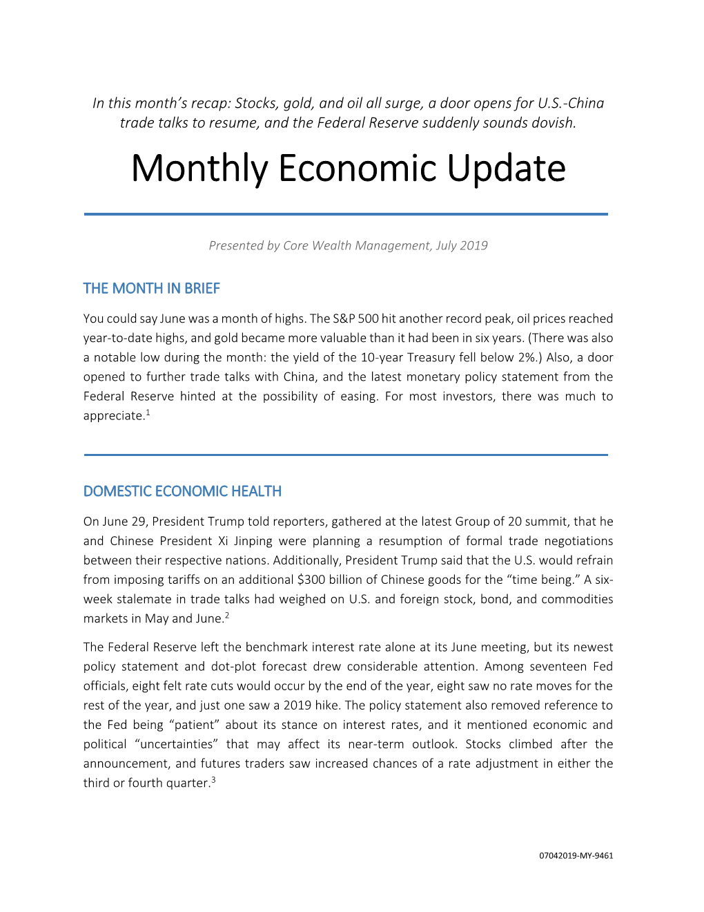 Monthly Economic Update