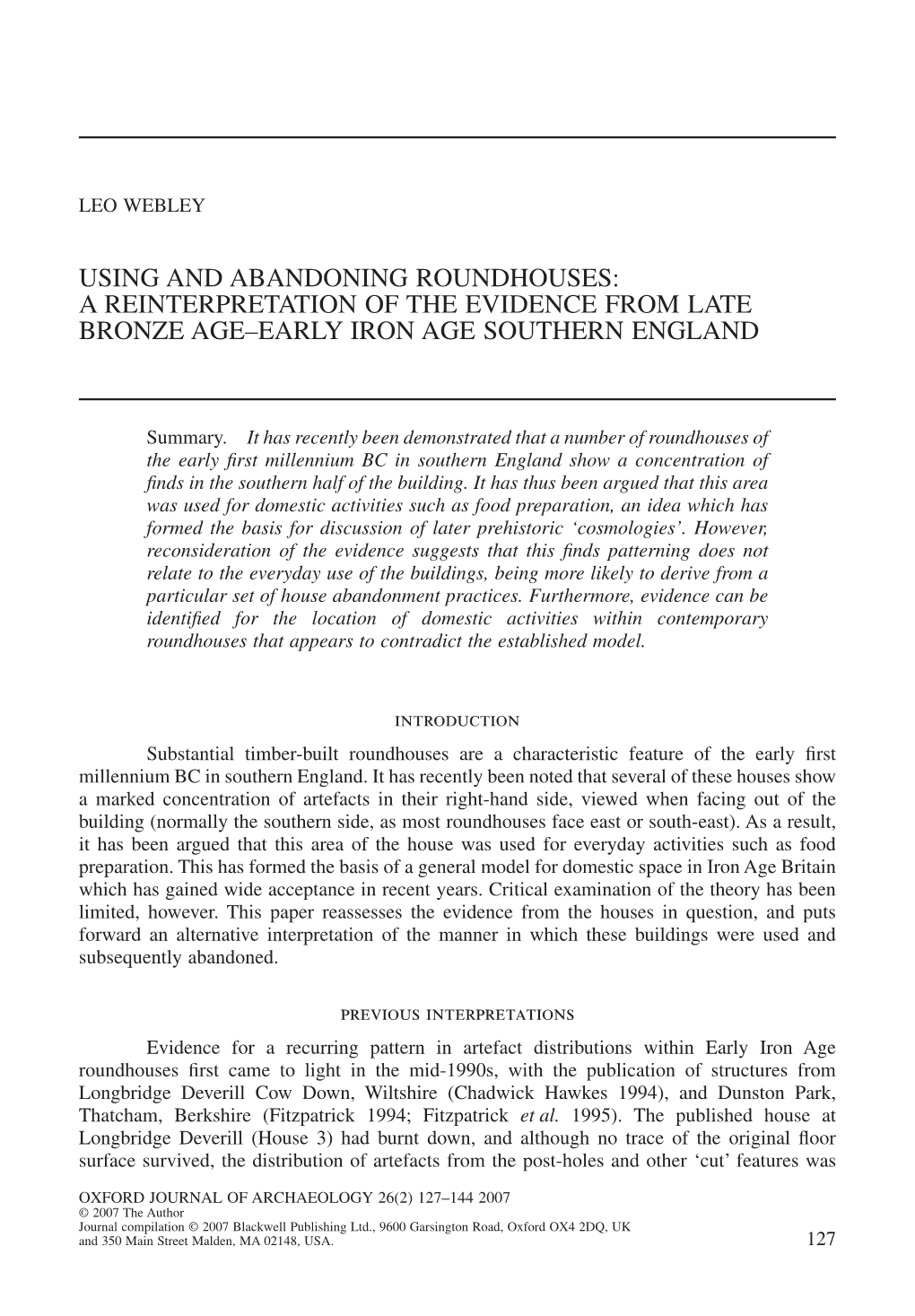 A Reinterpretation of the Evidence from Late Bronze Age–Early Iron Age Southern England