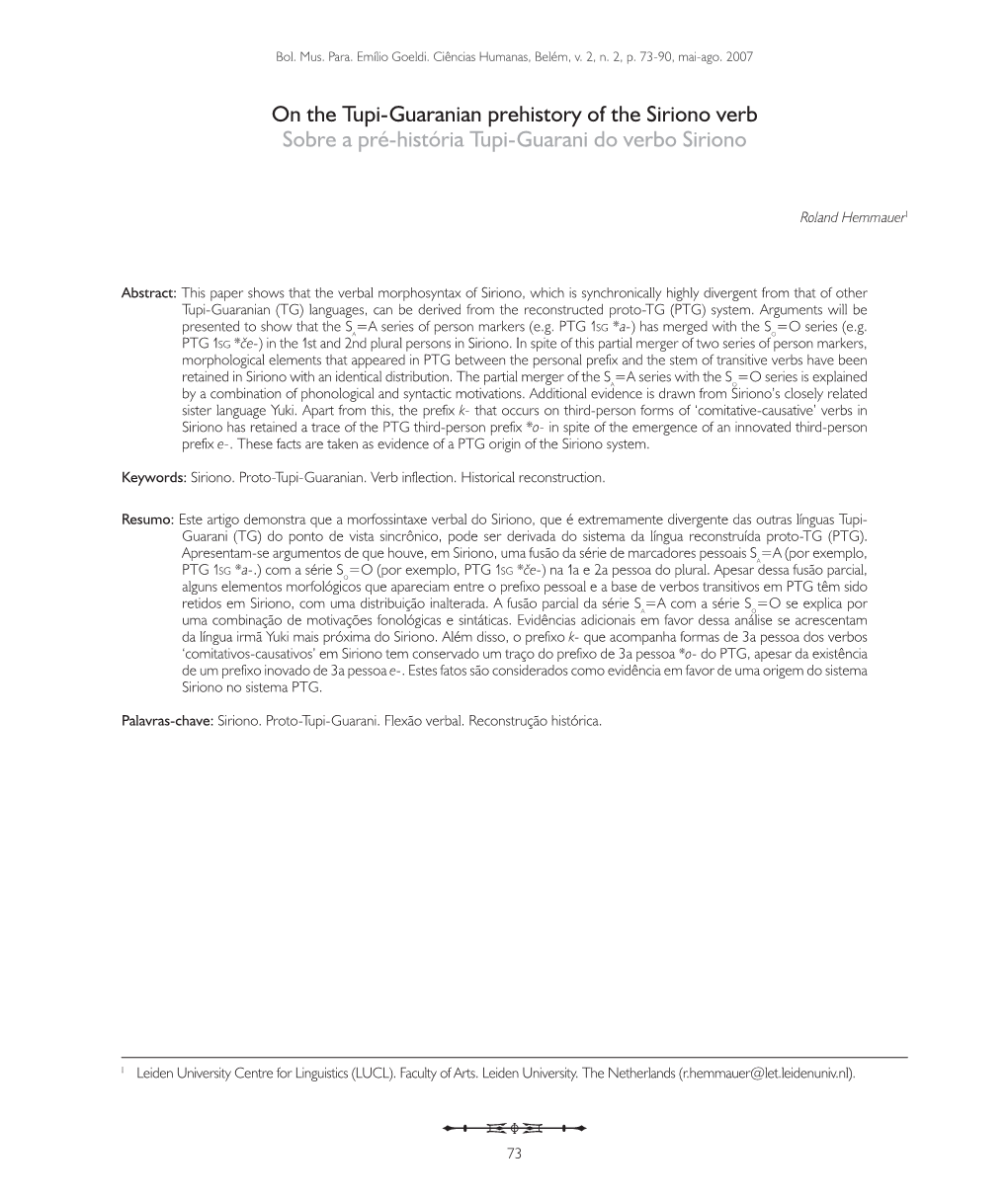 On the Tupi-Guaranian Prehistory of the Siriono Verb Sobre a Pré-História Tupi-Guarani Do Verbo Siriono