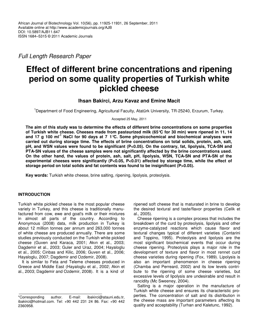 Effect of Different Brine Concentrations and Ripening Period on Some Quality Properties of Turkish White Pickled Cheese