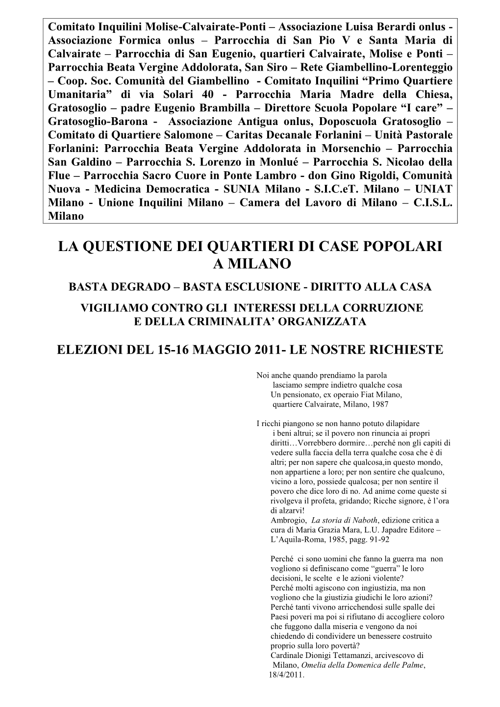 La Questione Dei Quartieri Di Case Popolari a Milano