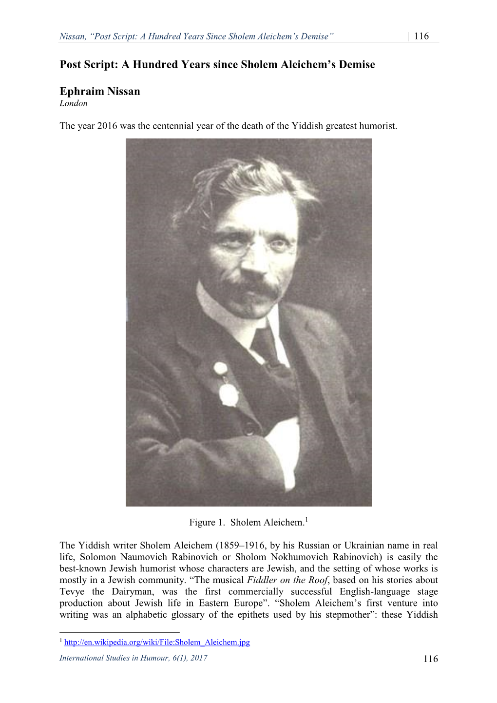 A Hundred Years Since Sholem Aleichem's Demise Ephraim Nissan