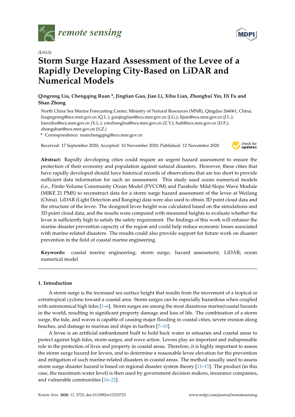 Storm Surge Hazard Assessment of the Levee of a Rapidly Developing City-Based on Lidar and Numerical Models