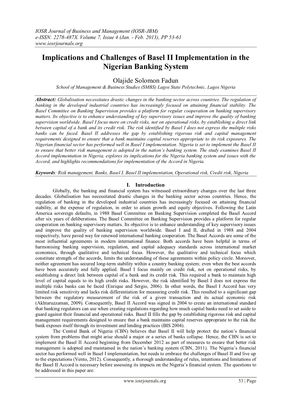 Implications and Challenges of Basel II Implementation in the Nigerian Banking System