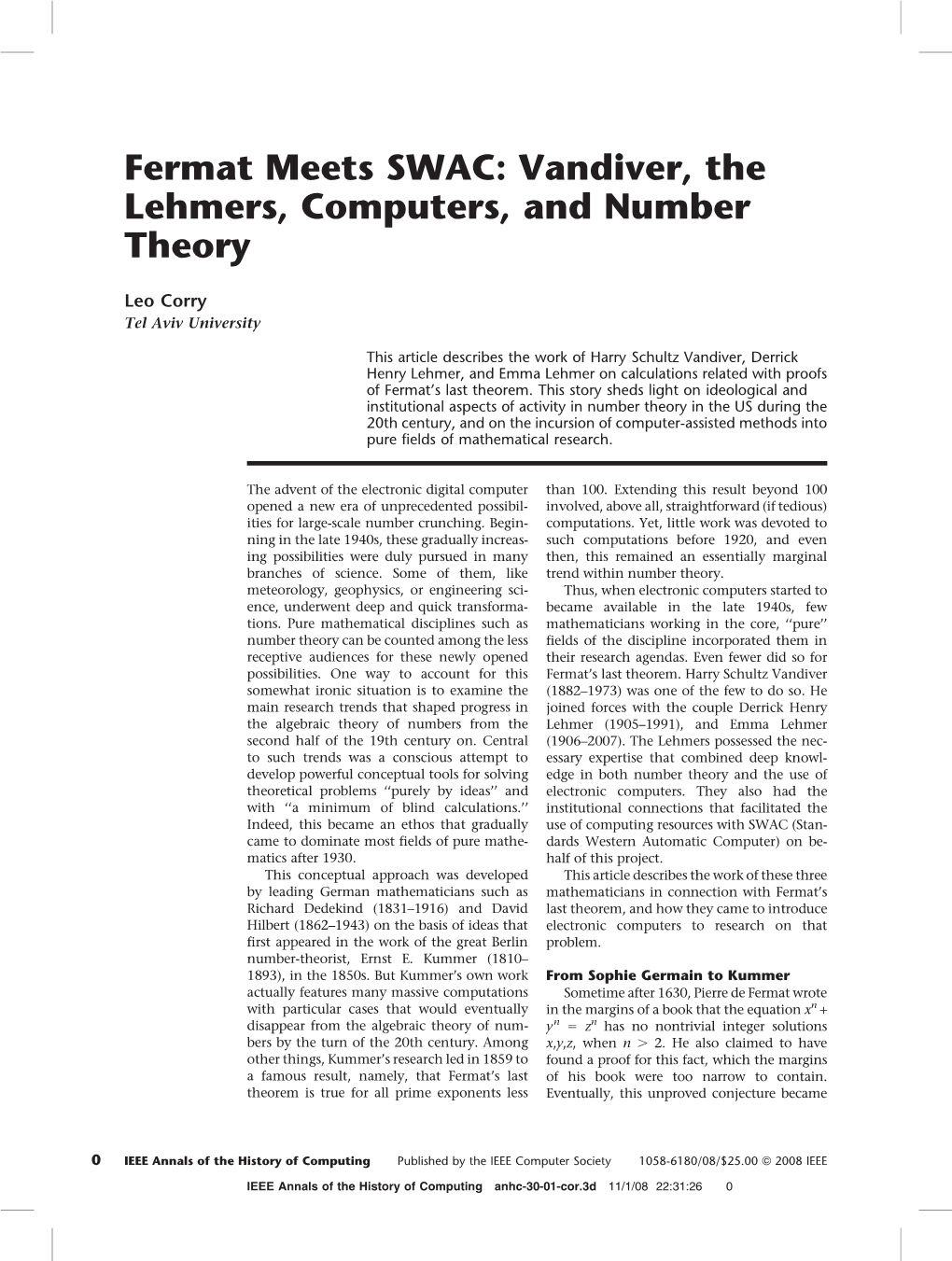 Fermat Meets SWAC: Vandiver, the Lehmers, Computers, and Number Theory