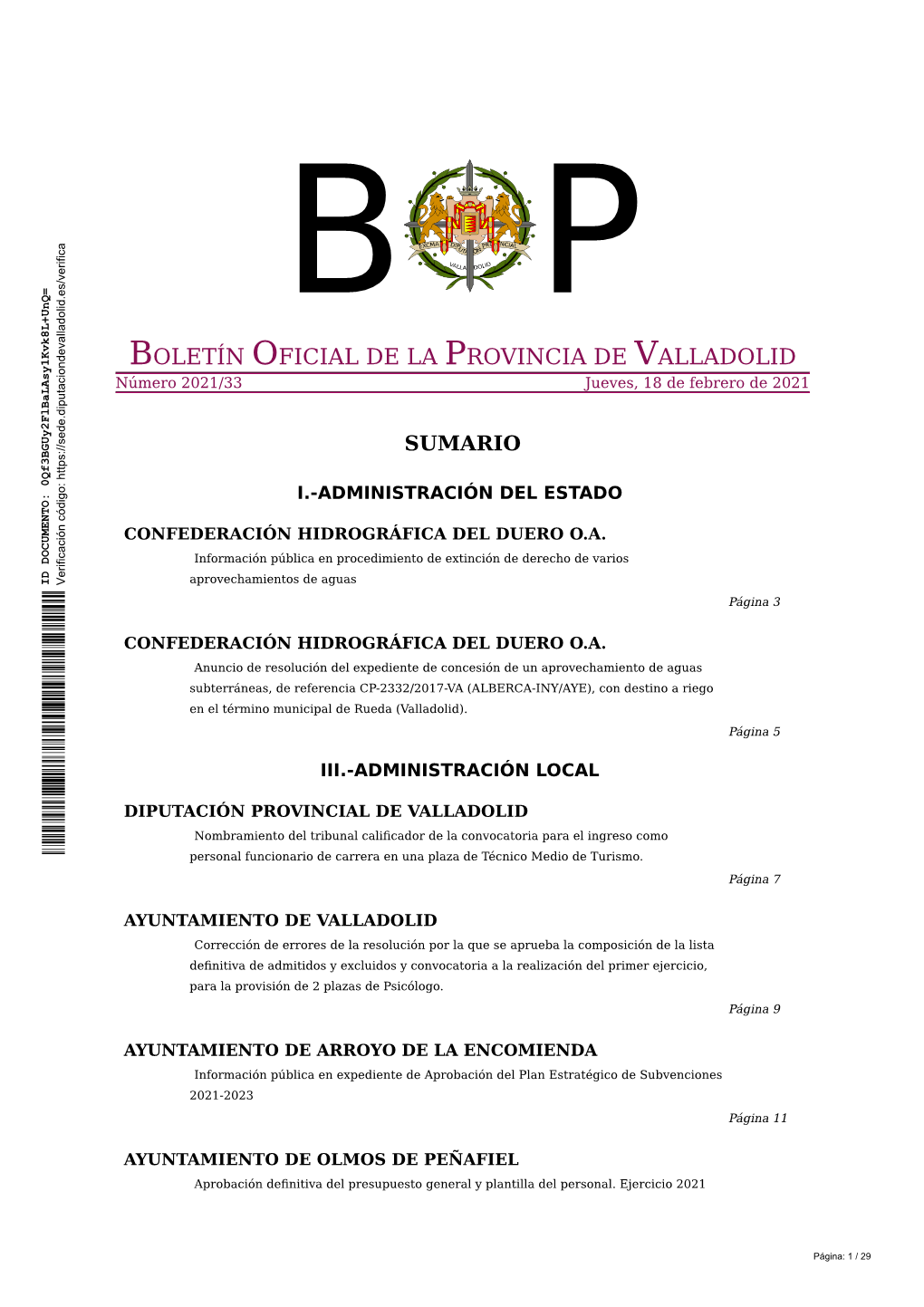 BOLETÍN OFICIAL DE LA PROVINCIA DE VALLADOLID Número 2021/33 Jueves, 18 De Febrero De 2021