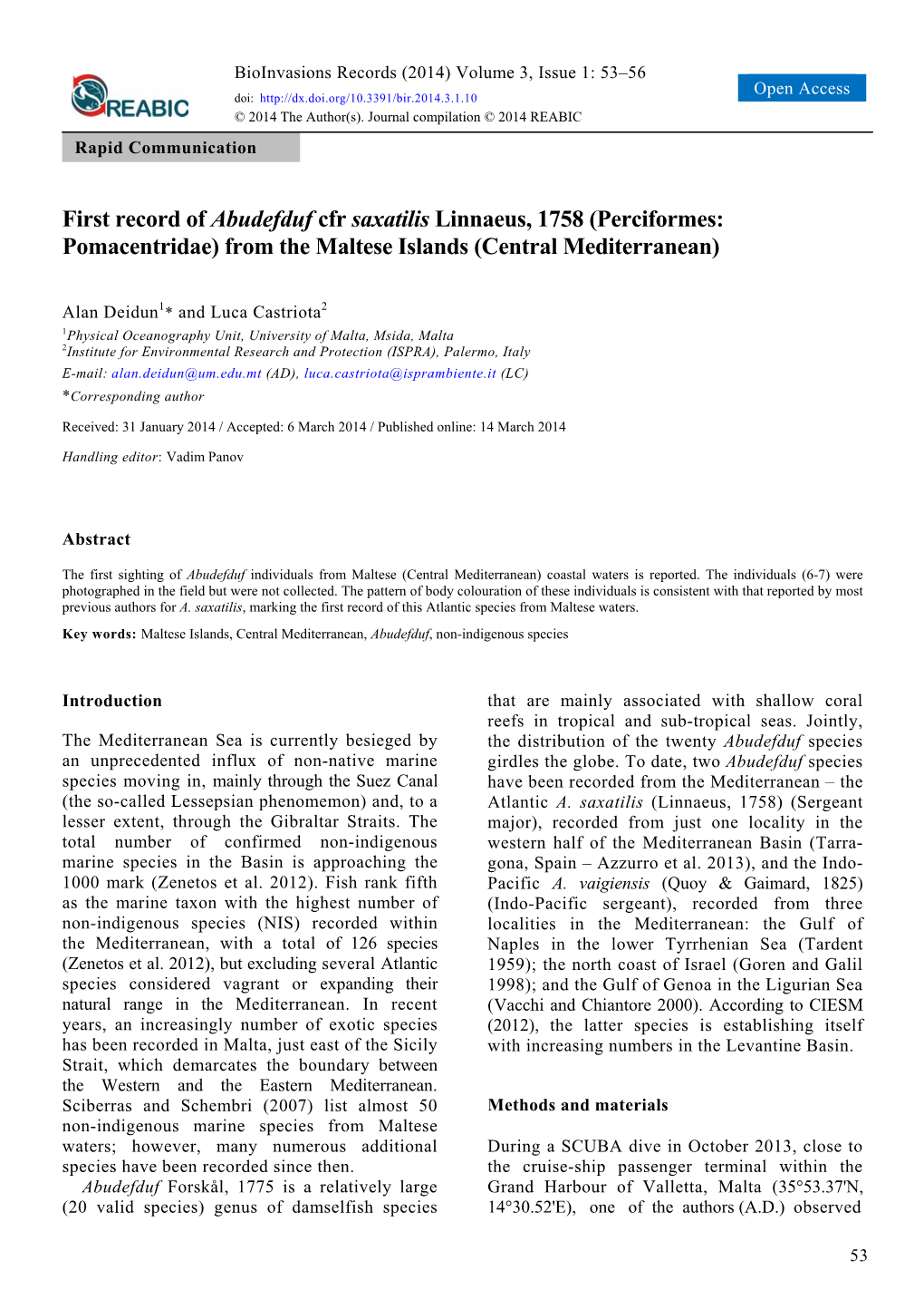 First Record of Abudefduf Cfr Saxatilis Linnaeus, 1758 (Perciformes: Pomacentridae) from the Maltese Islands (Central Mediterranean)