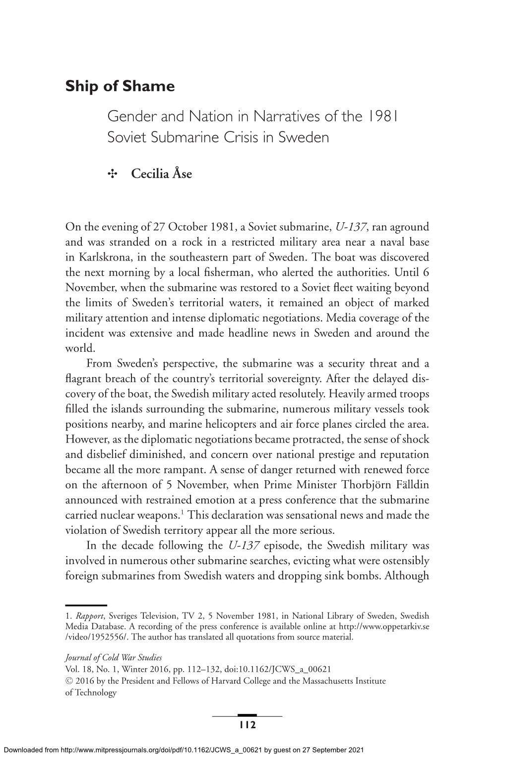 Ship of Shame Gender and Nation in Narratives of the 1981 Soviet Submarine Crisis in Sweden