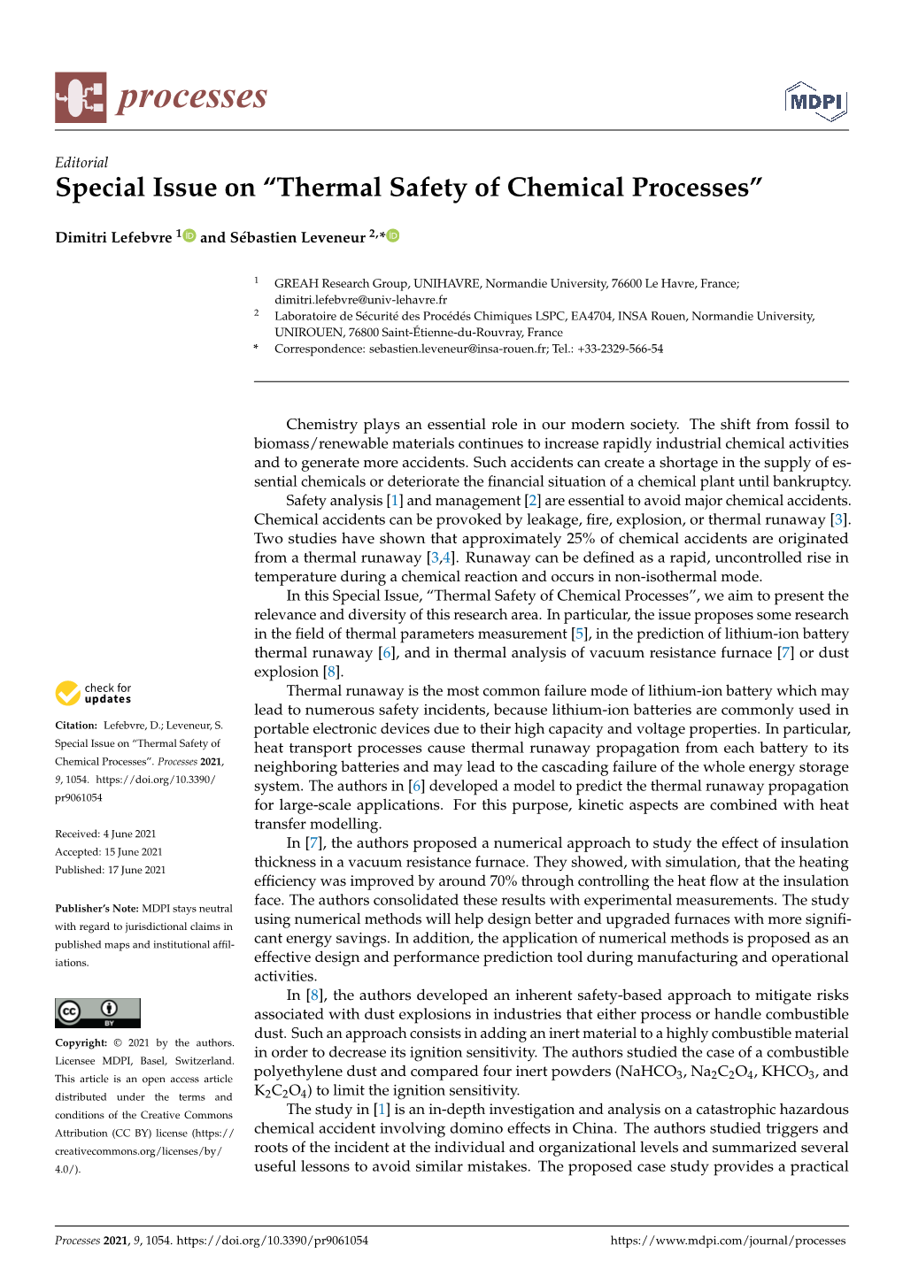 Special Issue on “Thermal Safety of Chemical Processes”