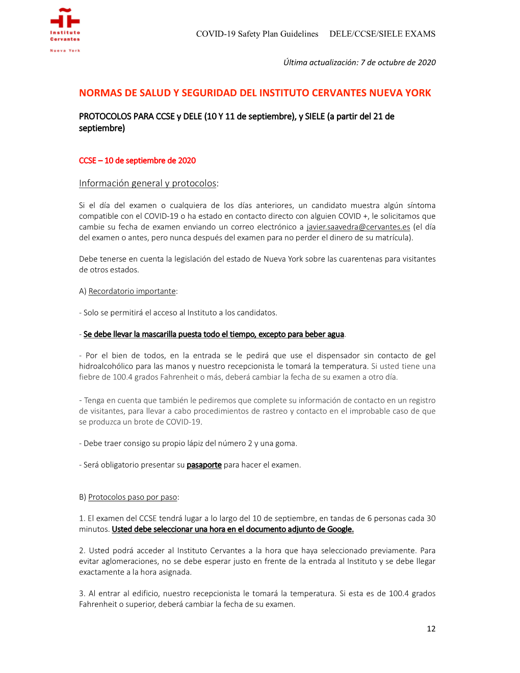 Normas De Salud Y Seguridad Del Instituto Cervantes Nueva York