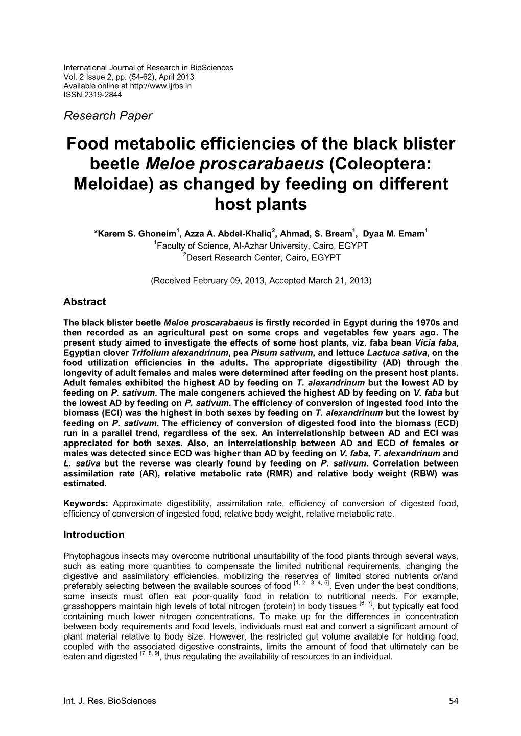 Food Metabolic Efficiencies of the Black Blister Beetle Meloe Proscarabaeus (Coleoptera: Meloidae) As Changed by Feeding on Different Host Plants