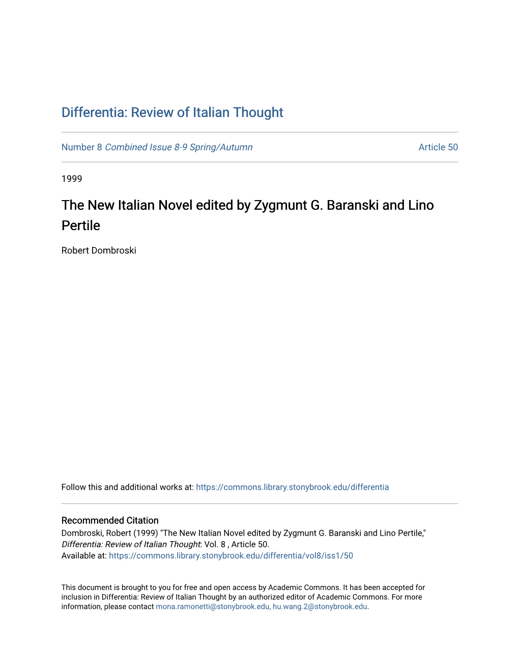 The New Italian Novel Edited by Zygmunt G. Baranski and Lino Pertile