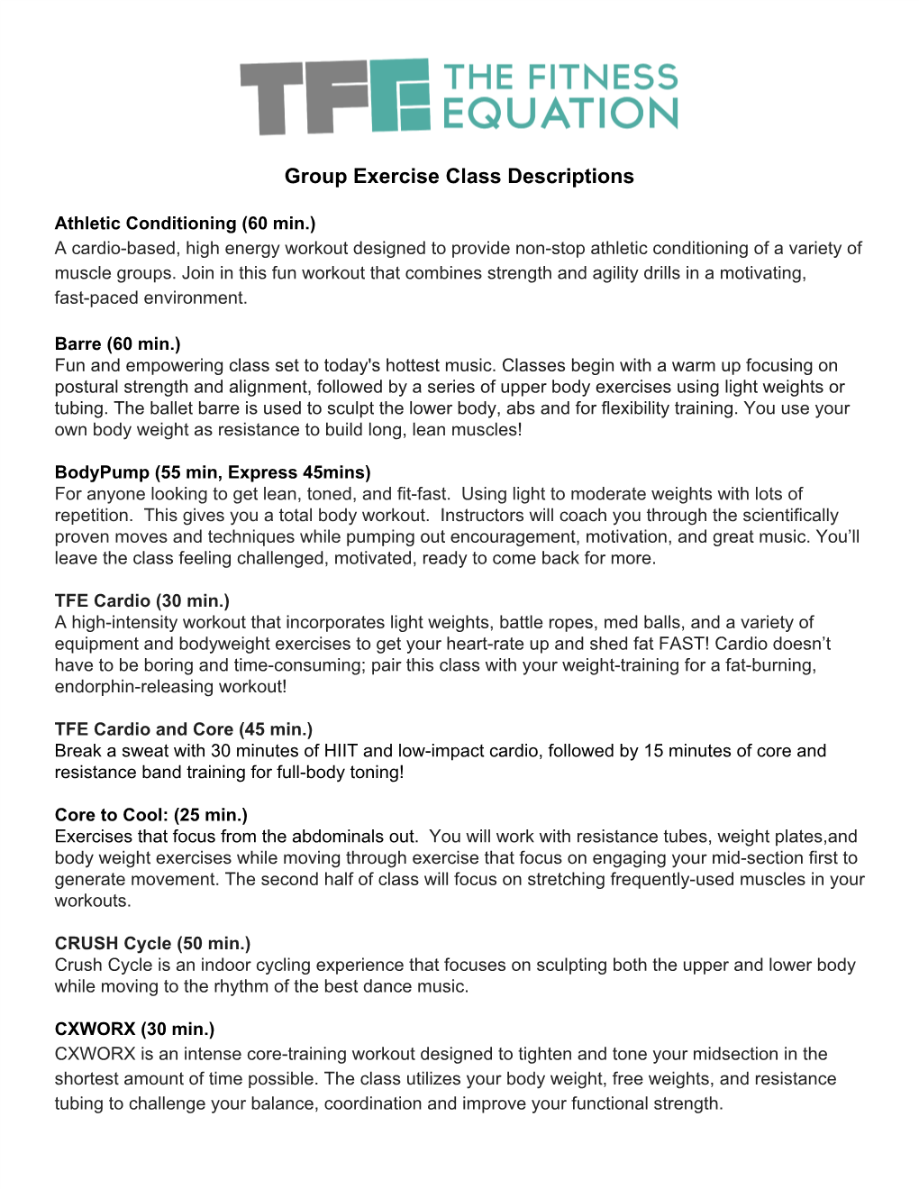 Group Exercise Class Descriptions