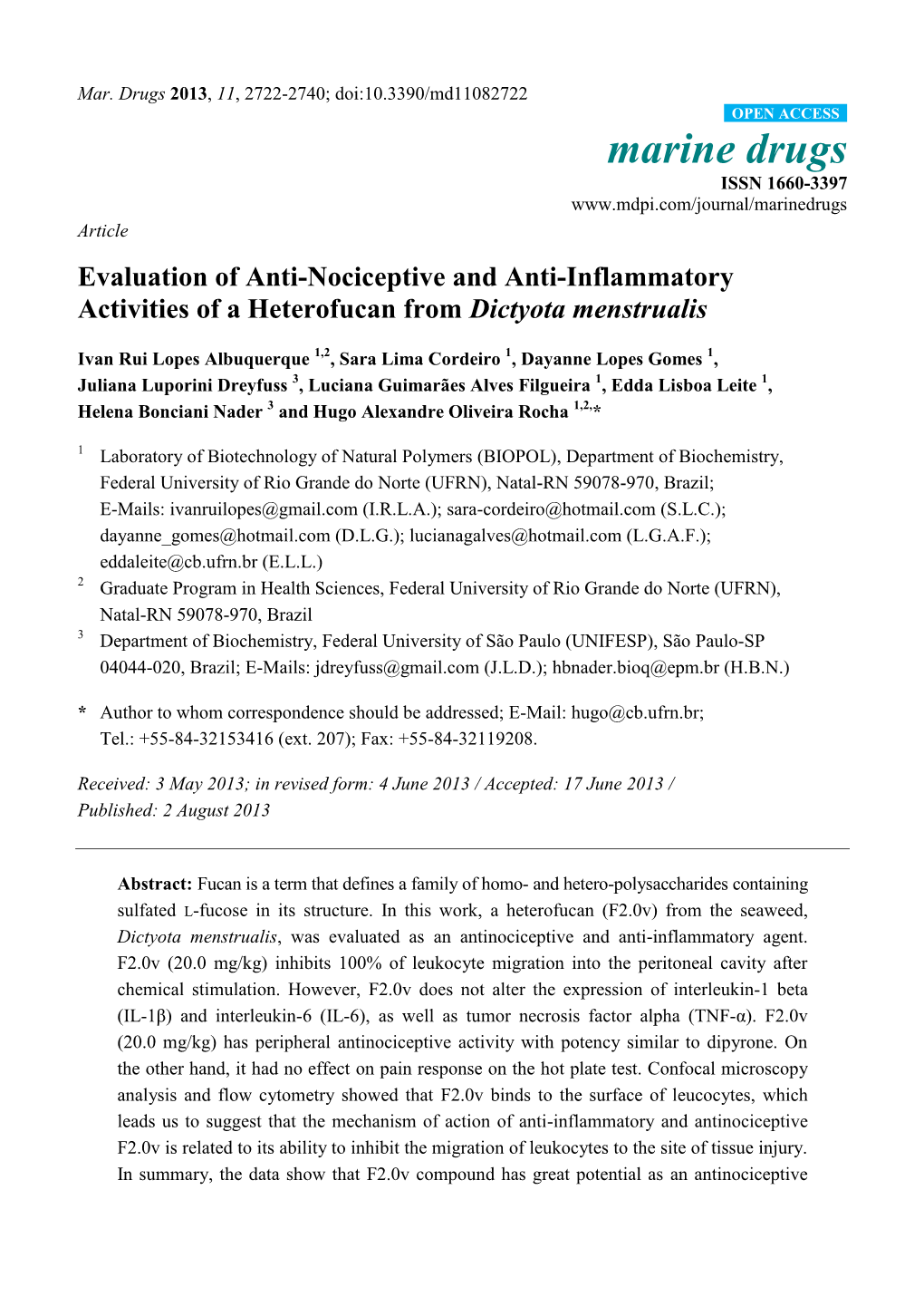 Evaluation of Anti-Nociceptive and Anti-Inflammatory Activities of a Heterofucan from Dictyota Menstrualis