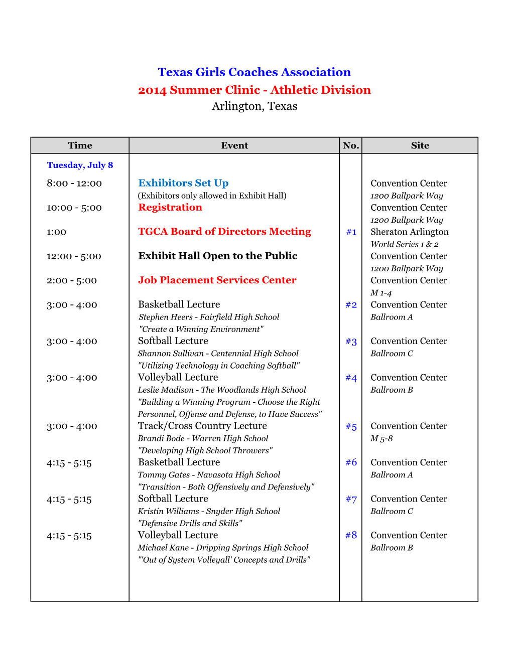 2014 Summer Clinic Schedule