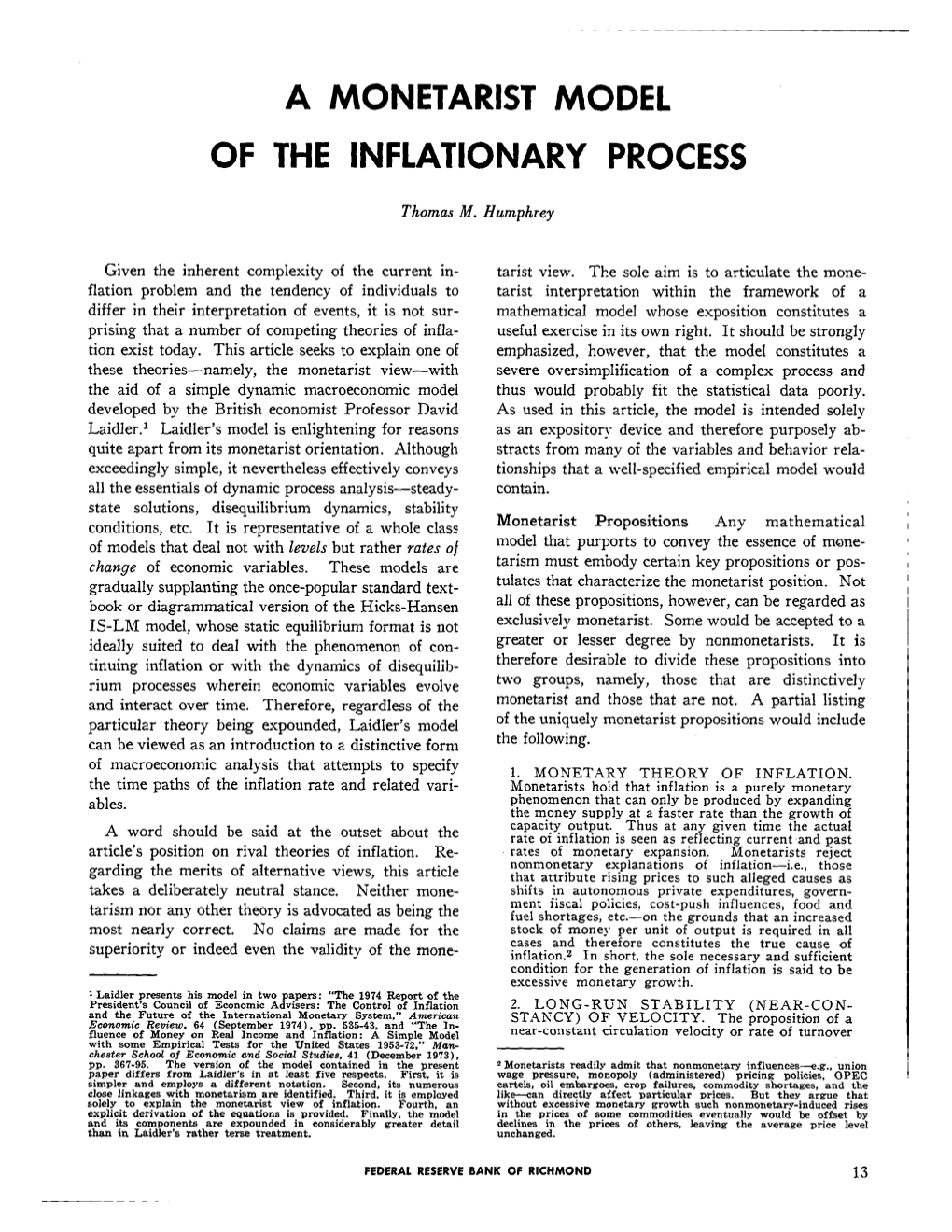 A Monetarist Model of the Inflationary Process