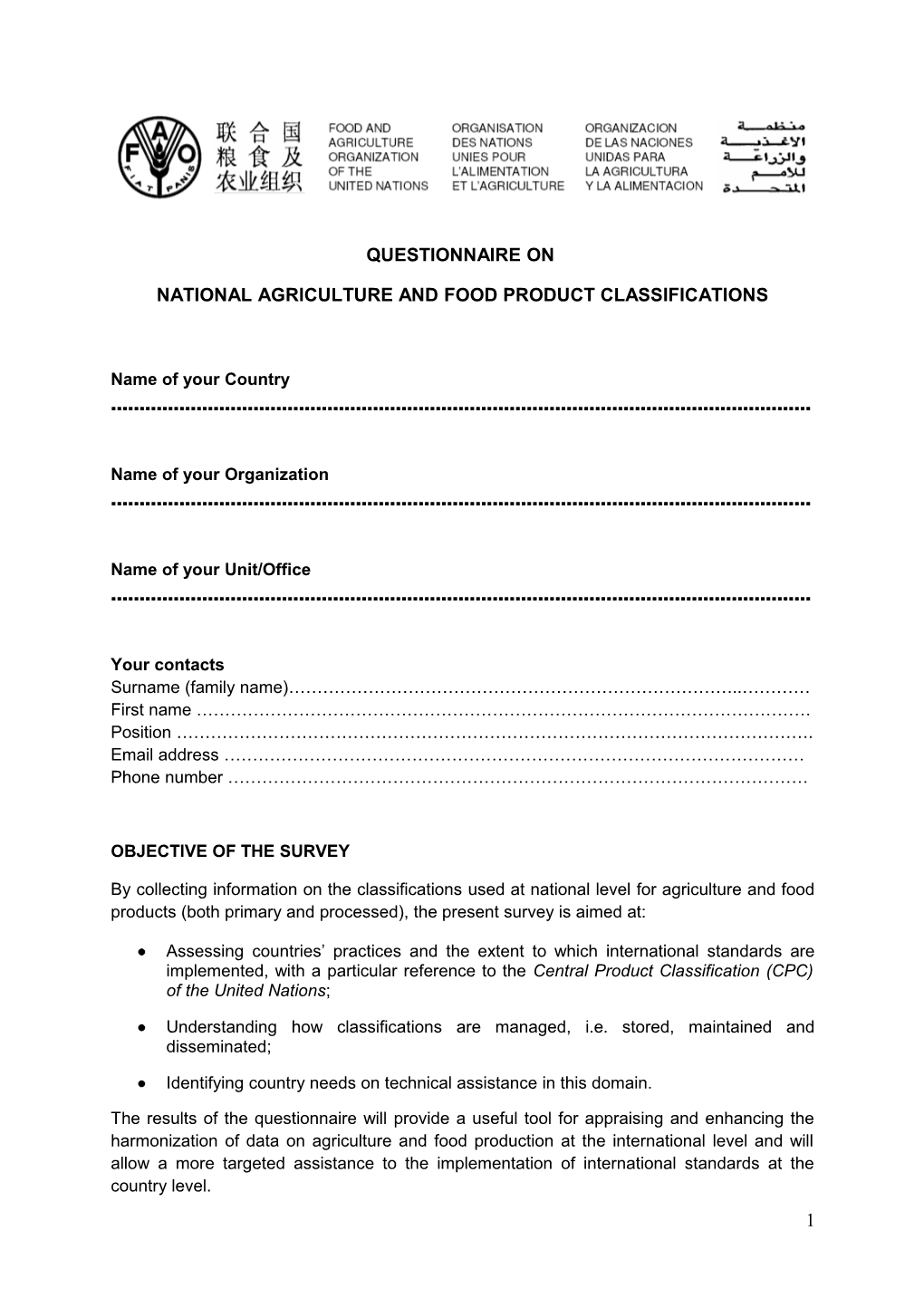 National Agriculture and Food Product Classifications