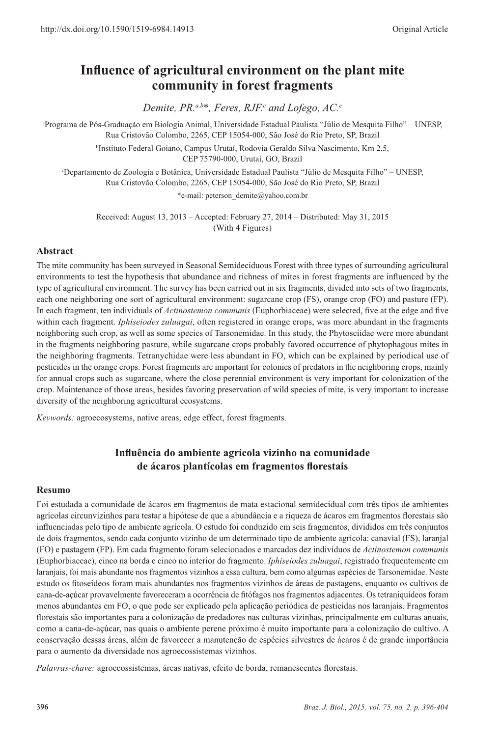 Influence of Agricultural Environment on the Plant Mite Community In